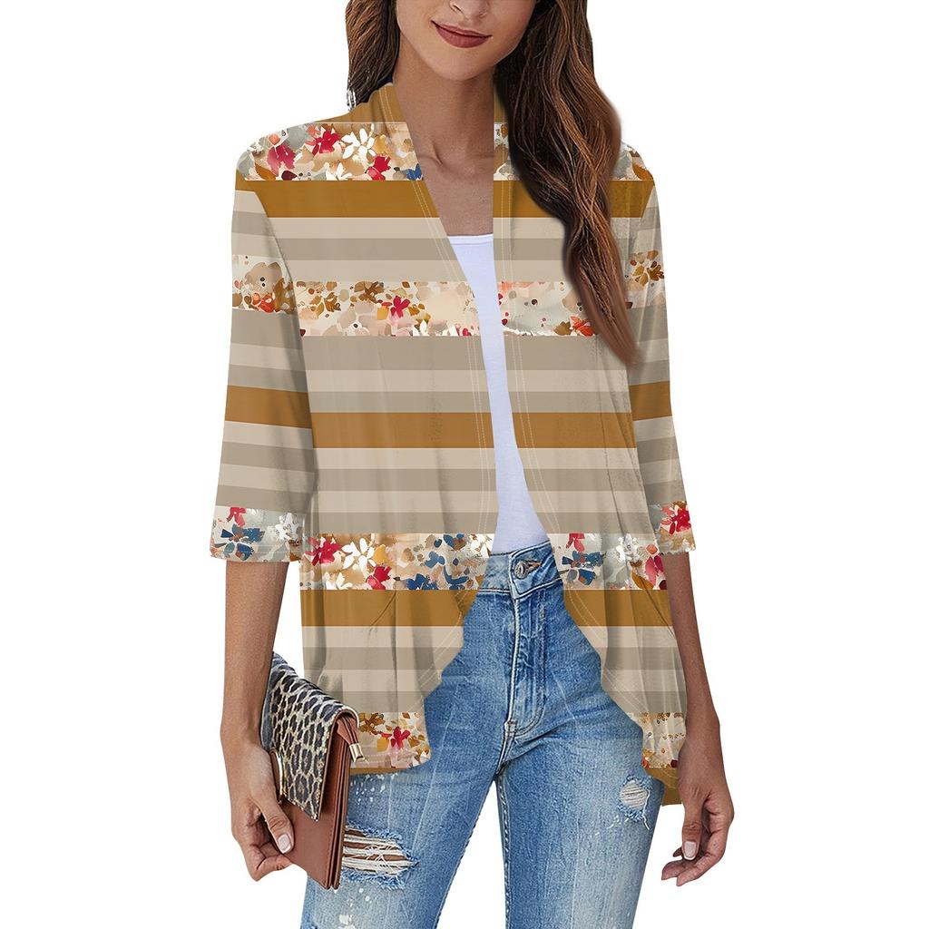 Women'S Casual Daily Cropped Sleeve Printed Shirt Top Soft Drape Ruffle Cardigan