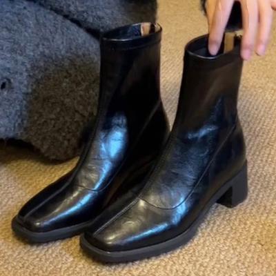 Издание из коровьей кожи~ Короткие ботильоны на высоком каблуке Женские 2025 Осень и Зима Новые Ботинки Мартин с квадратным носком Маленький французский толстый каблук Узкие ботильоны