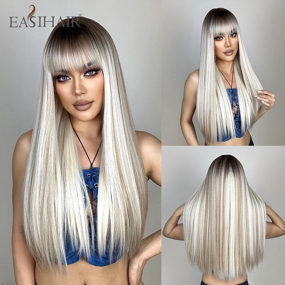 ALAN EATON Blonde Brown Ombre Synthetic Wigs Long Straight Layered Wig for Women Cosplay Party Natural Hair Wig Heat Resistant Coupon & Discount