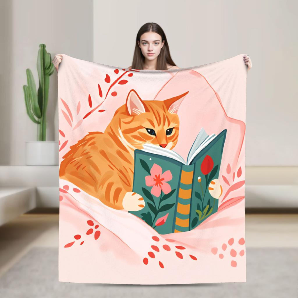 Whimsical Reading Cat Plush Blanket Girls Boys  Flannel Throw Blanket For Living Room Warm Soft Custom Quality Bedspread Gift