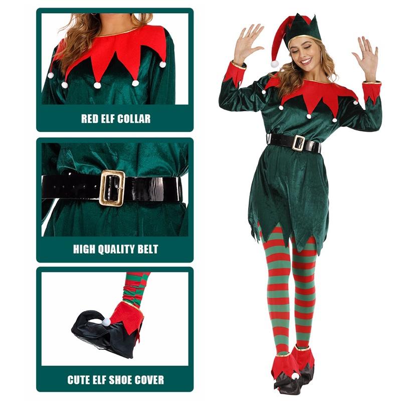 Women's Festive Xmas Elf Outfit Velvet Cosplay Costume With Bells