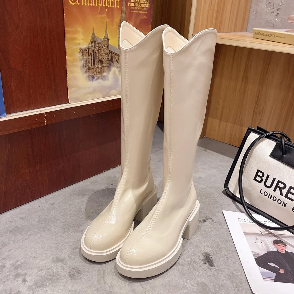 Fashion British Platform Leather Knee-high Boots for Women Fashion Increase Soft-soled Women's Shoes Designer Casual Knight Boots Female