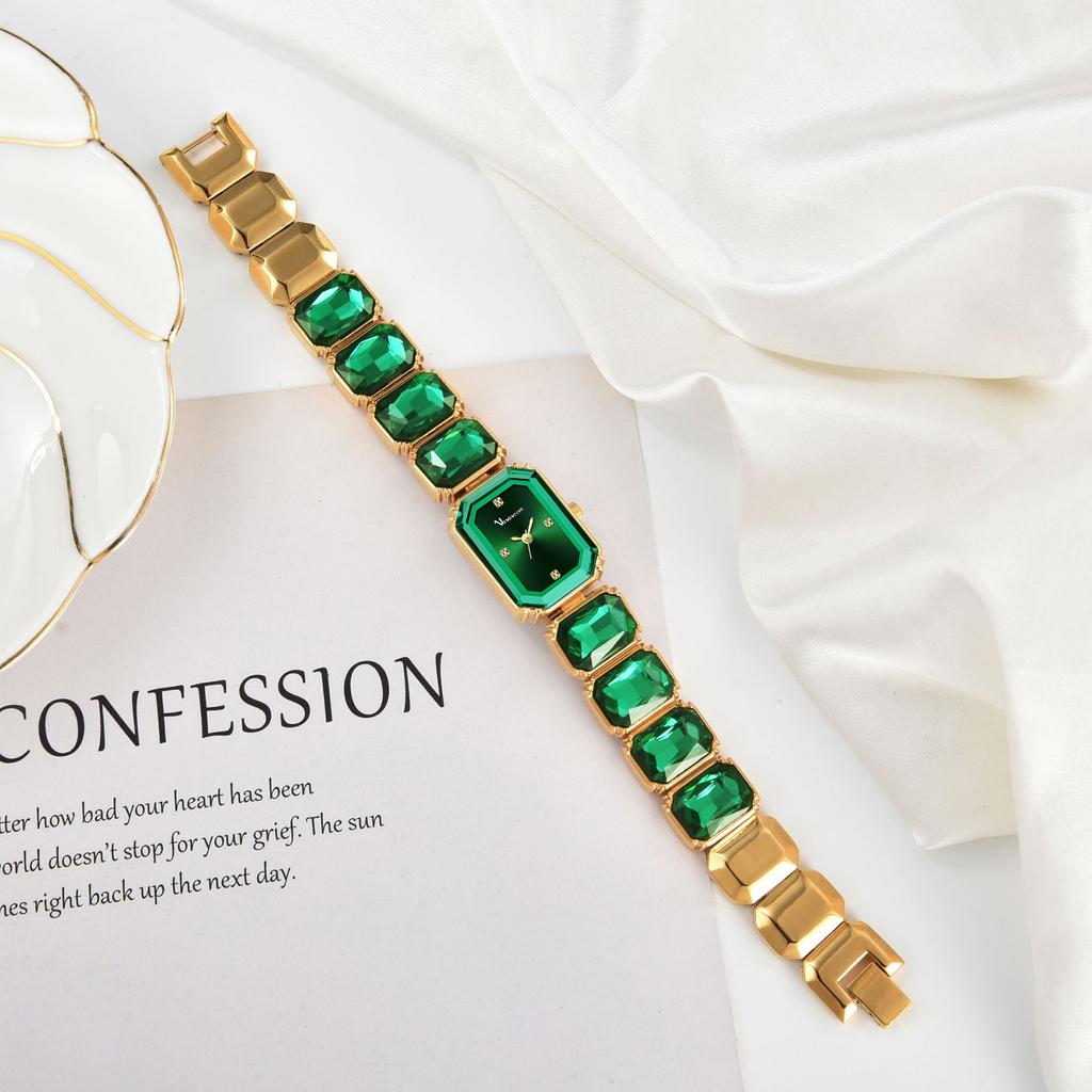 ЧАСЫ ЖЕНСКИЕ С БРИЛЛИАНТАМИ VA VA VOOM Маленький зеленый квадратный циферблат Кварцевые часы Женственность Личность Часы Женские