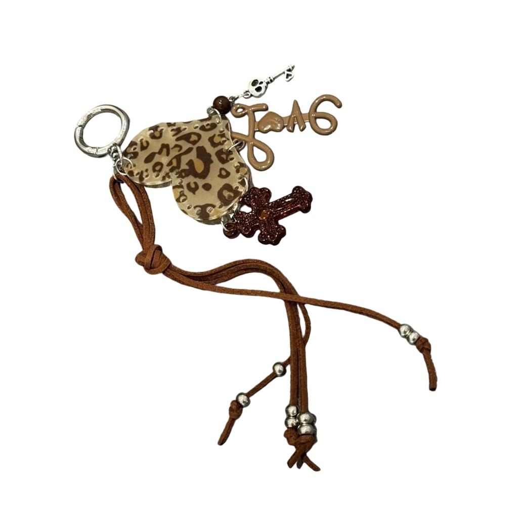 Stylish Leopard Print Heart Keyring Acrylic Pendant Keychain Bag Charm for Women Lady Fashion Accessories