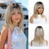 LOUIS FERRE Brown Base Blonde Highlights Medium Straight Layered Wig With Bangs Synthetic Hair Heat Resistant Women Daily Party