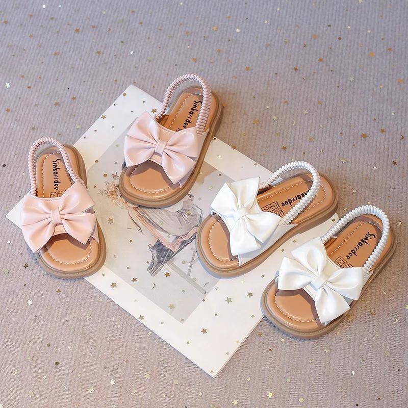 Fashion Summer Girl's Sandals Big Bowtie Pink Beige Pu Leather Holiday Kids Sliders Elastic Band Open Toe Leisure Comfy Children Shoes