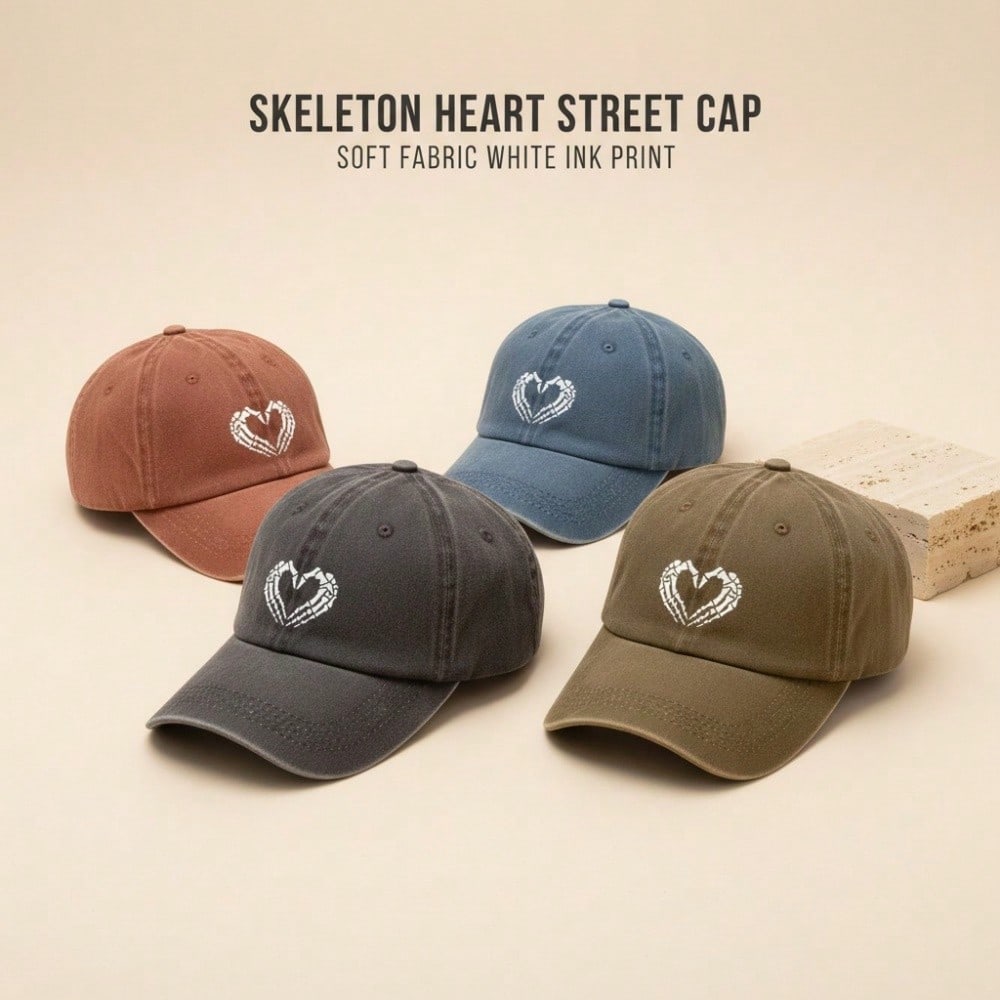 [Skeleton Heart Baseball Cap] Unisex Vintage Washed Print Polyester Adjustable Breathable Casual Streetwear Daily Wear Baseball Hat - Dad Cap