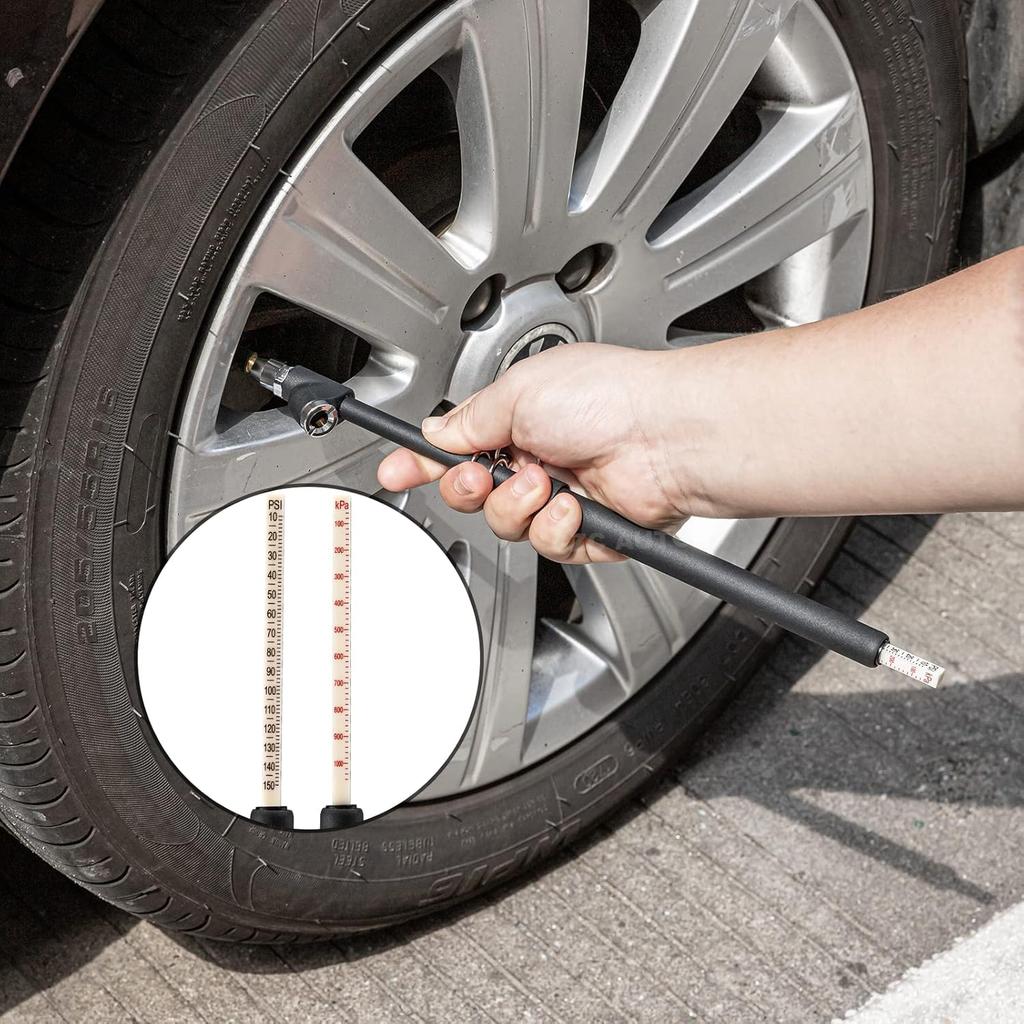CZC AUTO Tire Pressure Gauge Heavy Duty Air Pressure Tire Gauge, Straight-on Foot Dual Head Chucks, Black Painting, 10-150PSI 100-1000KPa for Semi