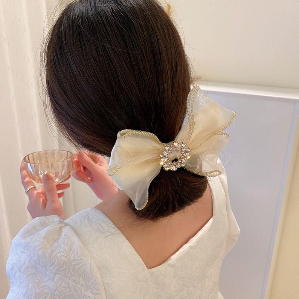 Korean Style Bow Hair Clip Hair Ornament Crystal Hair Clip Fashion Mesh Hair Clip  Women