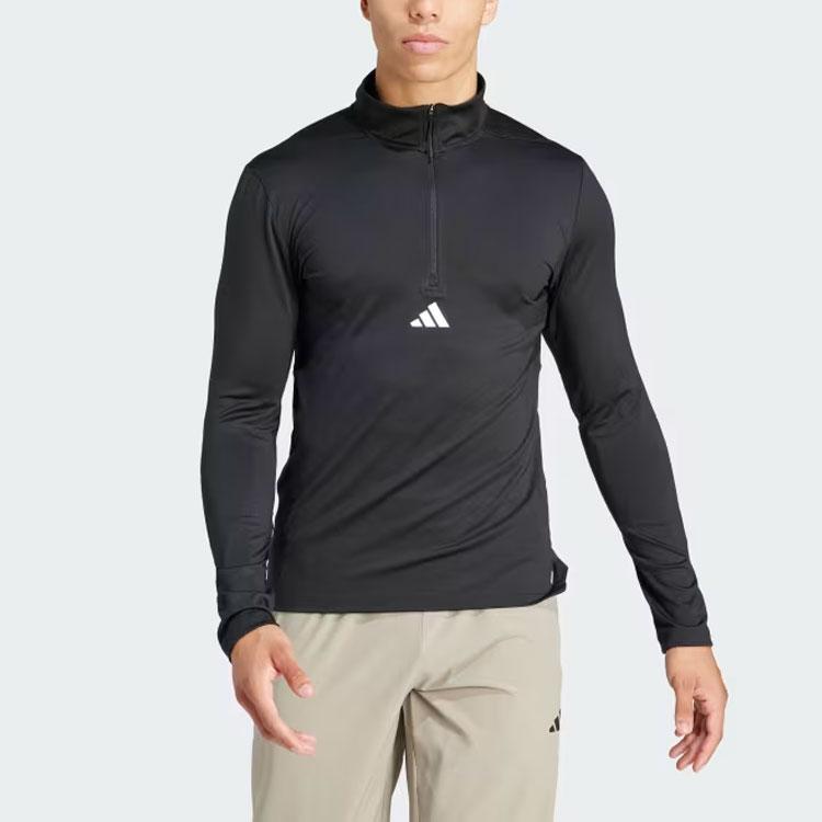 adidas Спортивный топ с четвертью молнии Однотонный Дизайн с логотипом Воротник-стойка Длинный рукав Рубашка для фитнеса Мужские топы Черный IK9691