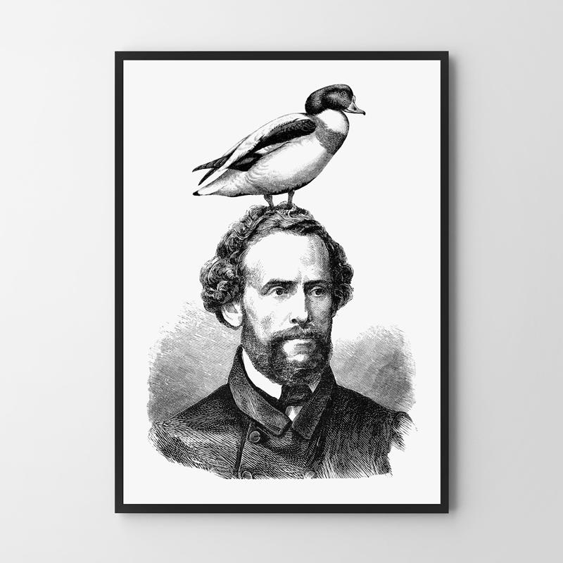 Plakat portret z ptakiem na głowie