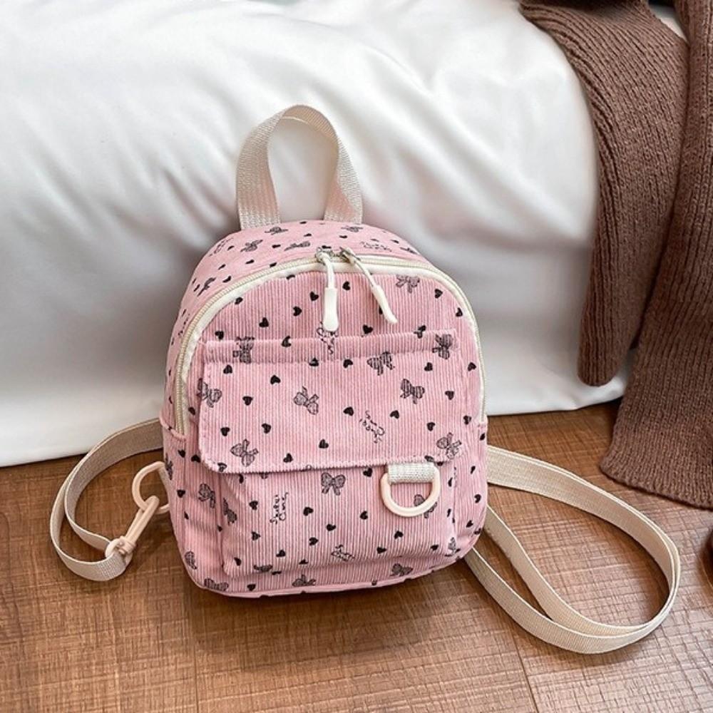 Lightweight Shoulder Bag Heart Bow Print Rucksack Ins Style Corduroy Mini Backpack School
