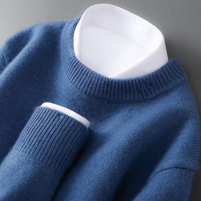 Men's Pure Wool Heavyweight Sweater, Round Neck, Loose Fit, Warm, Solid Color, Ideal Base Layer for Autumn/Winter.