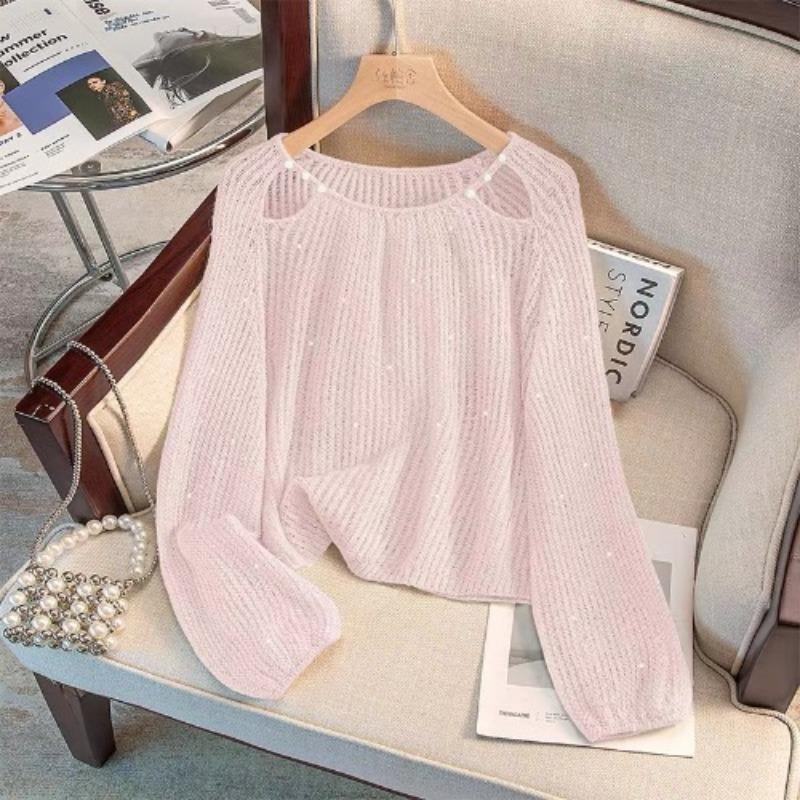 Hollow Beaded Sequined Sweater Women's New Lazy Wind Loose Knitted Sweater Design Temperament Top