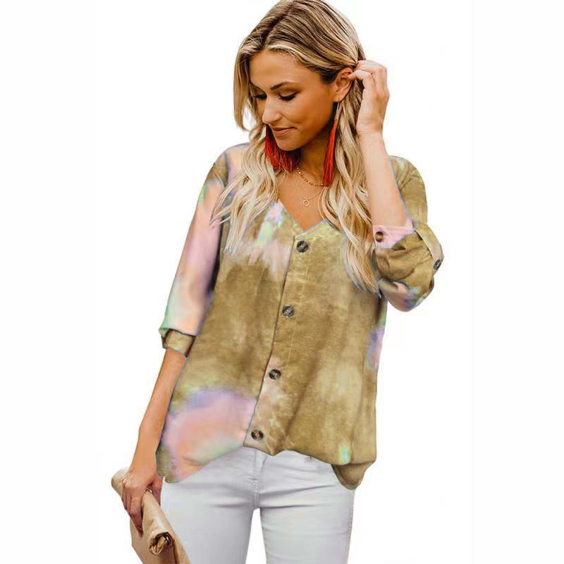 Women's Fashion Plus Size Autumn Tie Dye Button Loose Tops T Shirts Long Sleeve V Neck Casual Blouses