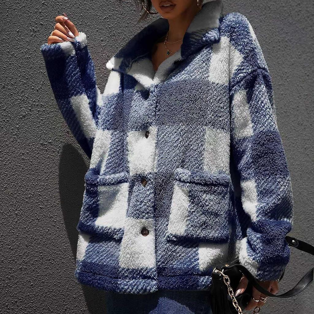 Женская мода и зима плюшевая клетчатая куртка с длинными рукавами и лацканами повседневная куртка