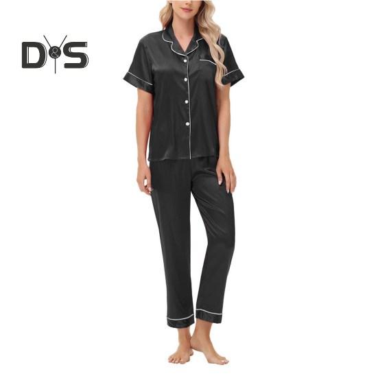 Пижамный костюм из 2 предметов, однобортный, из атласа, шелка, большого размера, кардиган, рубашка с V-образным вырезом, воротник-стойка, однотонная рубашка, широкие свободные брюки, ночная рубашка