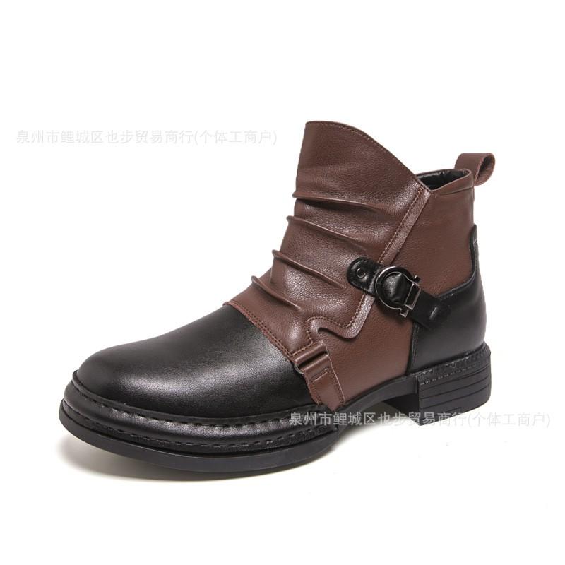Mens Color Block Leather Boots British Style Low Heel Side Zip Casual Dress Mid Calf