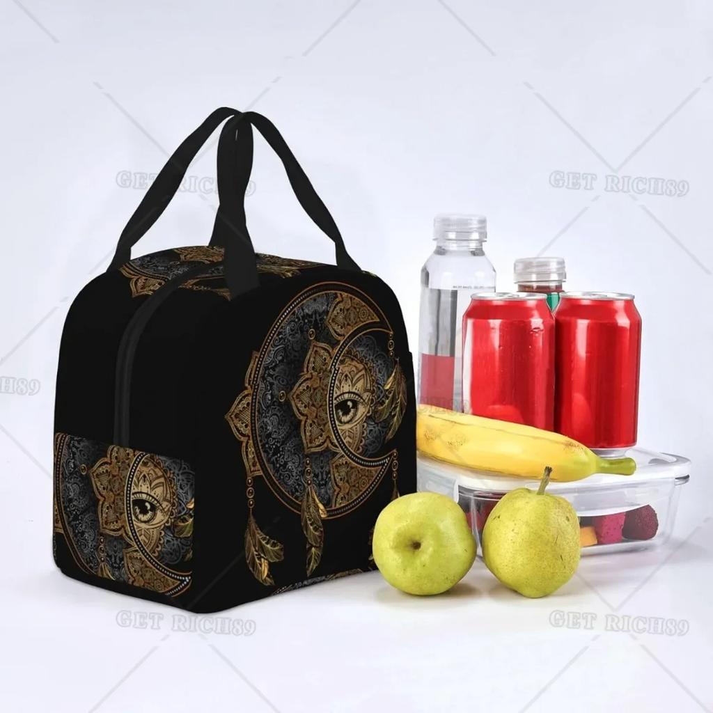 Mandala Boho Crescent Moon Sun Dreamcatcher Lunch Bag Waterproof Portable Tote Bag for Fashion Lunch Box with Zip Closure