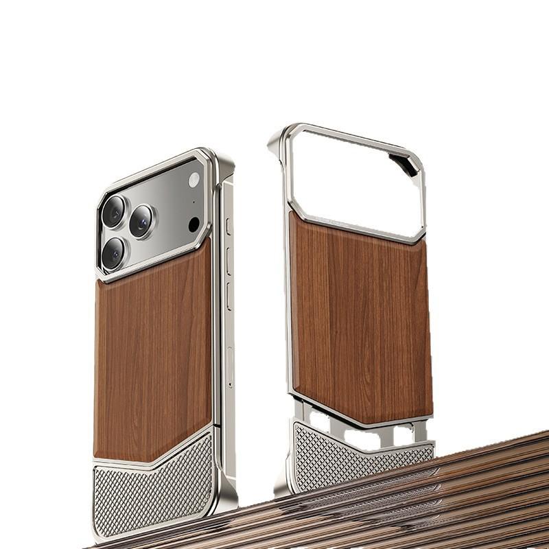 Wooden Slide Phone Case IPhone 17 Pro Max Metal Frameless Walnut Wood Cover