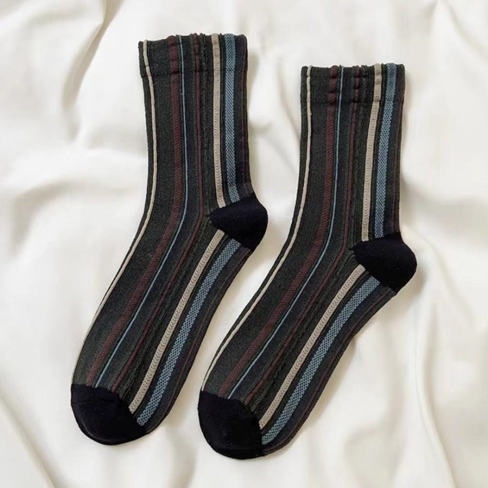 5 Pair Retro Harajuku Socks Korean Style Mid-calf Socks Fashion Striped Socks for Women