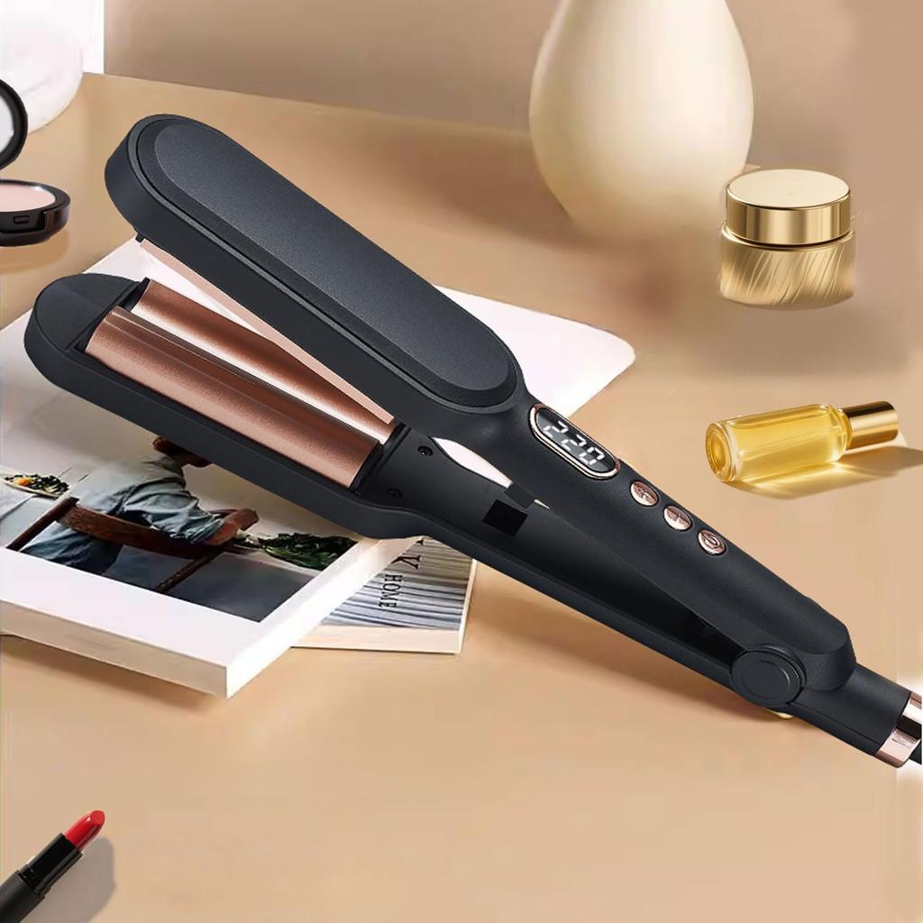 26mm Curling Iron, Wave Iron, Clamp-On Hair Iron, 140°C-220°C, 5 Temperature Settings, Burn Prevention, Emits 10 Million Negative Ions (Black)