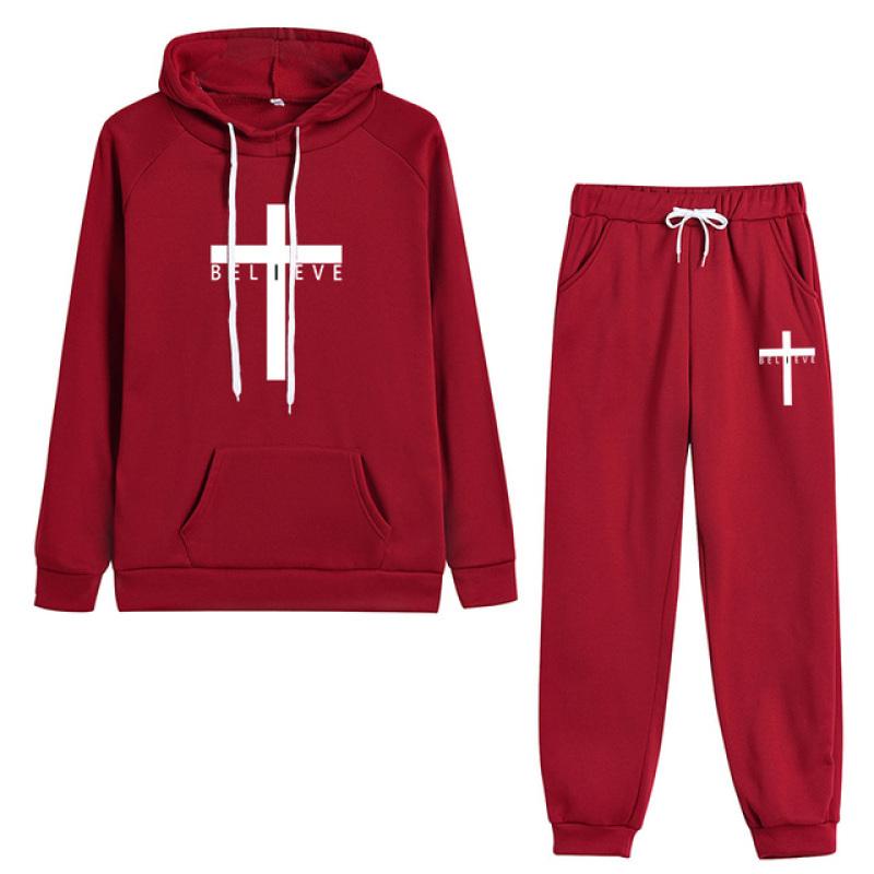 Jesus Crucifix Faith Printed Pant Sets Women Hoodie Sweatpants Solid Color Tracksuit Ladies Daily Casual Sport Jogging Suit