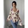 French Sweet Floral Tie V Neck Oversize Long Sleeve Shirt