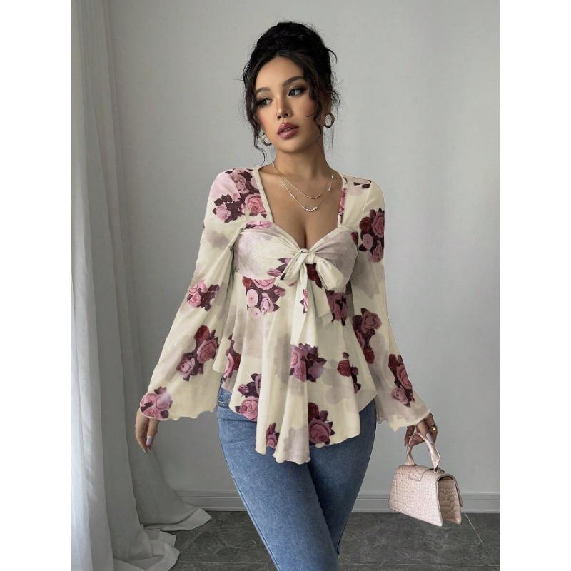 French Sweet Floral Tie V Neck Oversize Long Sleeve Shirt