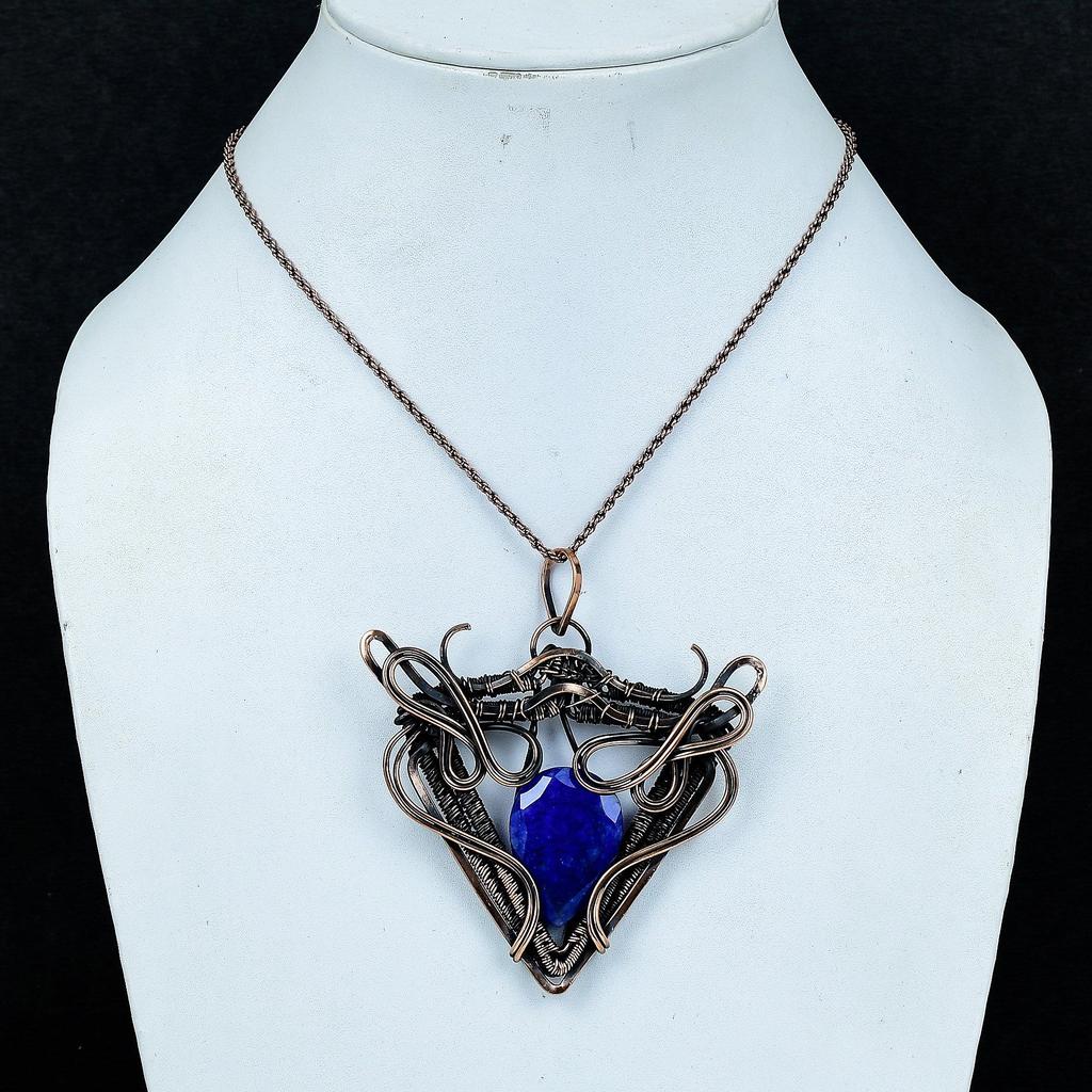 Blue Sapphire Pendant Handmade Gemstone Jewelry, 999 Copper Wire Wrapped Pendant ,Unique Design Jewelry Pendant
