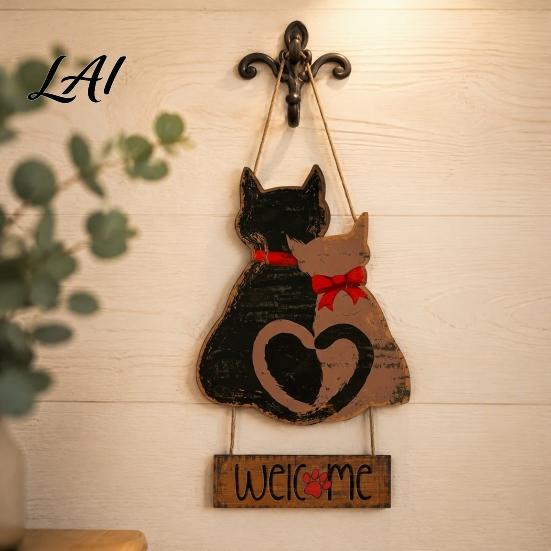 Indoor Entryway Decoration Wooden Hanging Welcome Door Romantic Front Sign for Cat Couple Valentine's Day