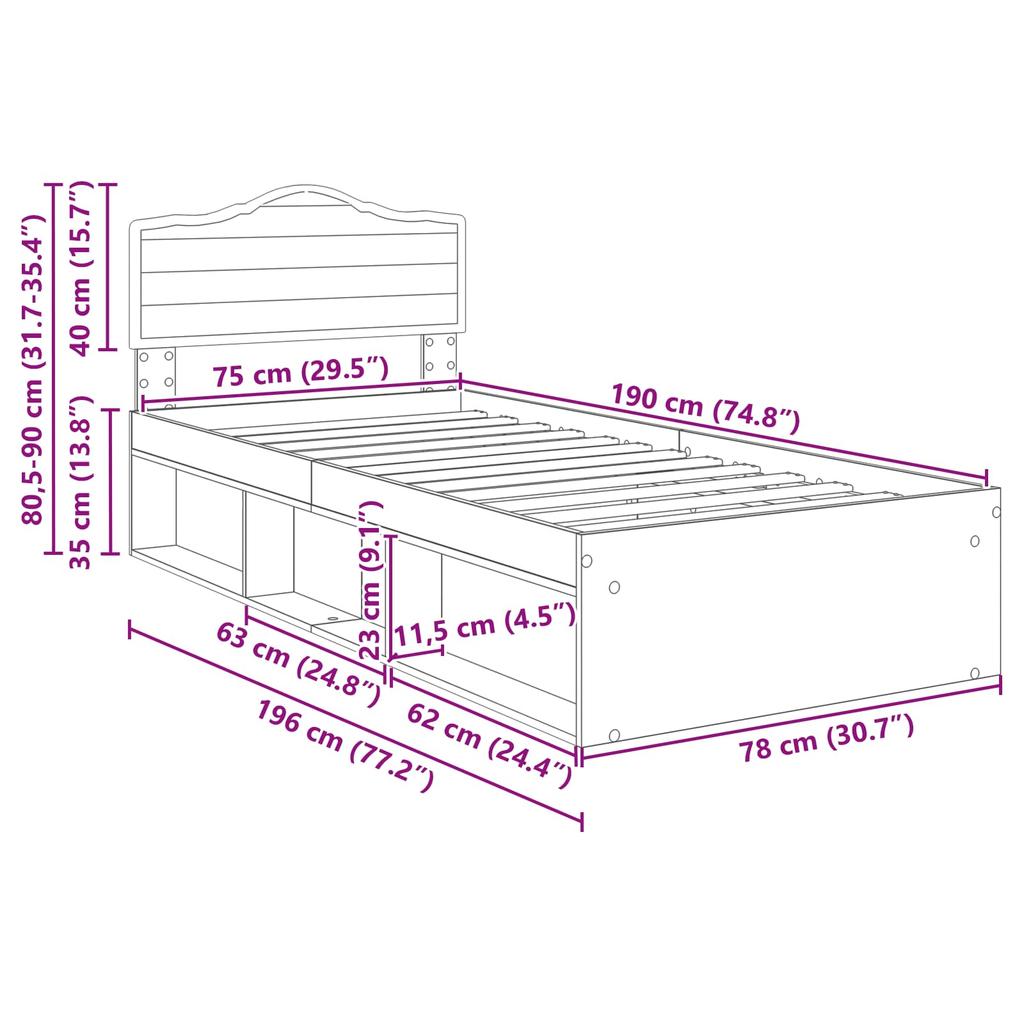 Bed Frame Smoked Oak 75 x 190 cm Solid Pine Wood