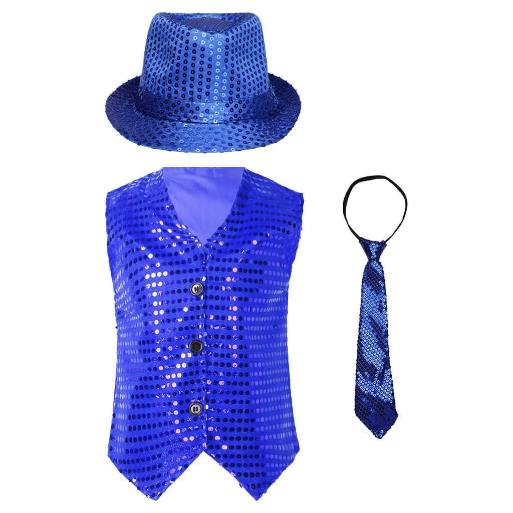 Жилет для джазовых танцев для мальчиков и девочек, без рукавов, с V-образным вырезом, с блестками и пуговицами, подходящая шляпа и галстук для выступлений на сцене