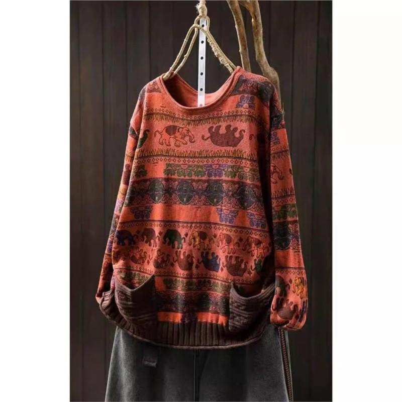 Johnature Woman Autumn Elephant Print Double Pockets Contrast Sweater Casual Loose Vintage Style O-Neck Sweater