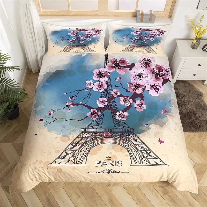 Paris Eiffel Tower Duvet Cover Set, 3D Pink Floral Print Bedding Quilt Cover Pillowcases