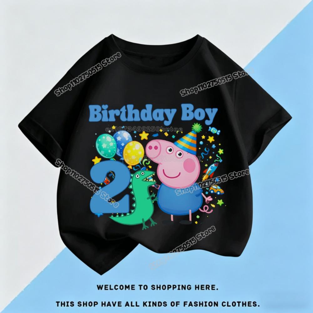 Peppas George Pigs Boy Birthday Clothes Cartoon Kids Number T Shirt Short Sleeve Cotton Tops Summer Child Birthday Party Tees