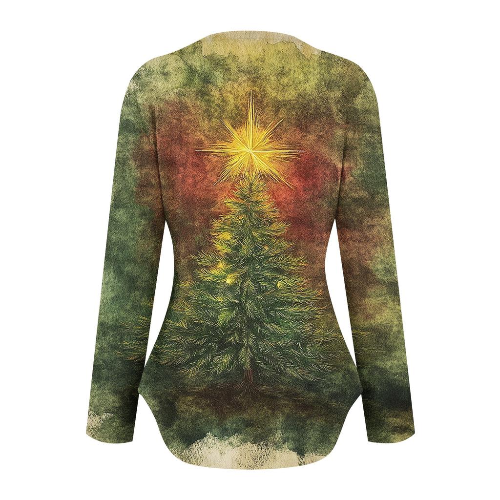 Womens Long Sleeve Round Neck Shirts Side Split Basic Loose Tunic Tops Christmas Print  Casual Shirts