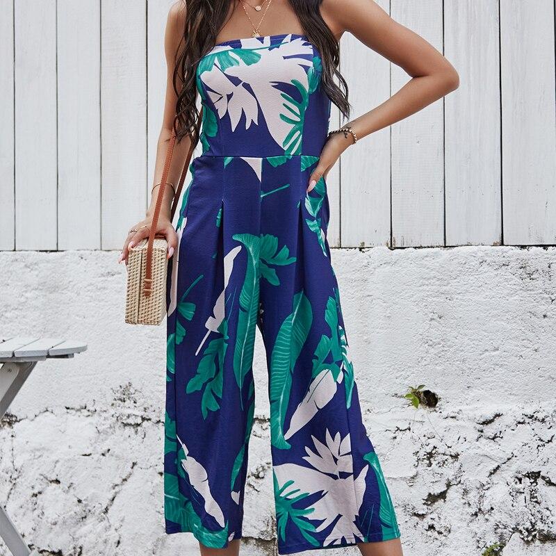 Лето 2023, сексуальные широкие брюки с растительным принтом, синие повседневные тонкие комбинезоны, модные шифоновые брюки со средней талией, Pantalon Femme 24777