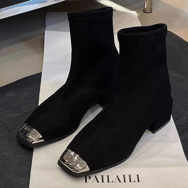 Женские зимние ботинки с квадратным носком, замшевые ботинки челси на среднем каблуке, массивная дизайнерская зимняя обувь 2024 года, трендовые ботинки для ходьбы Botas De Mujer