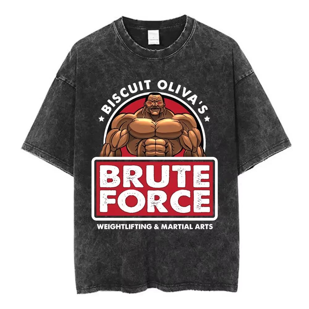 Vintage Washed Anime Baki The Grappler Graphic T Shirt Hanma Yujiro Men Women Oversized Gym Streetwear Cotton Tops Short Sleeve Casual
