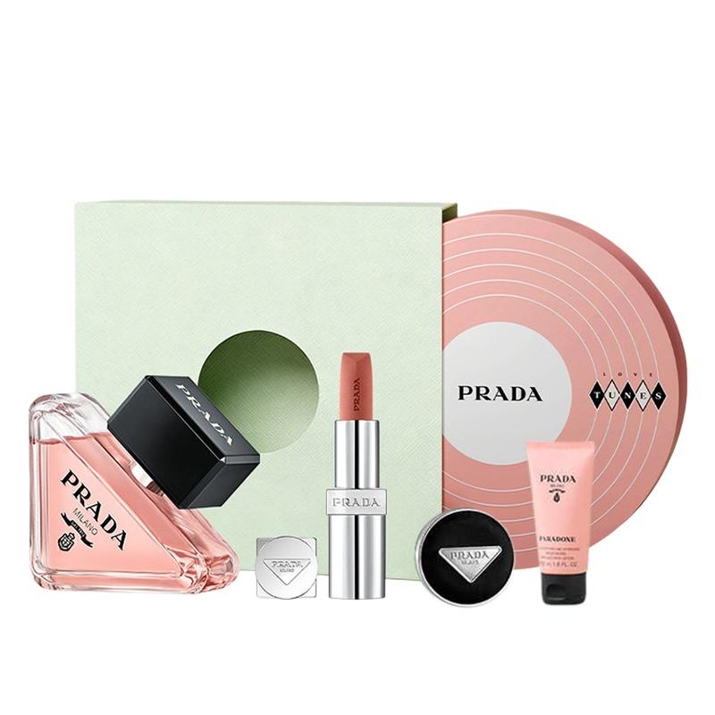 Prada Perfume set My Unpredictable Light Lipstick Matte Lipstick Gift Box Perfume 50ml+#101 Nude Brown+Mini Air Cushion#LN10+Moisturizing Lotion 50ml