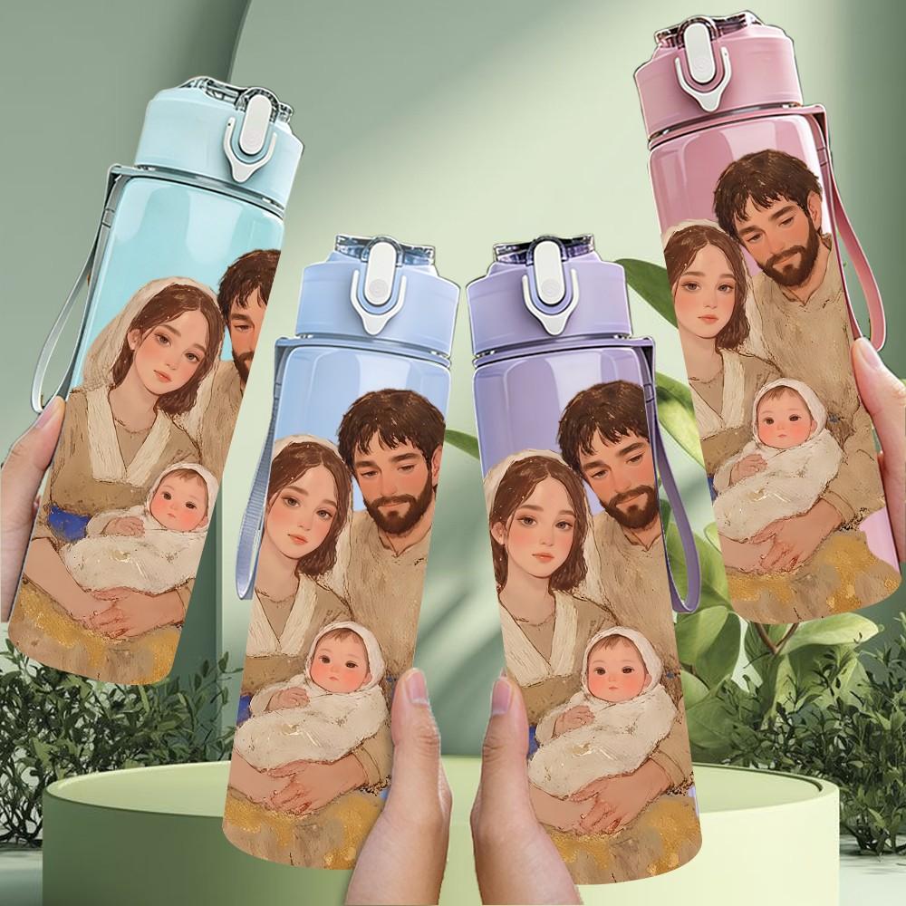 1PC Holy Family Holding Infant Print 750ml Color Plastic Sports Water Bottle Leakproof Flip Straw Lid Suitable for Sports Office Home Use