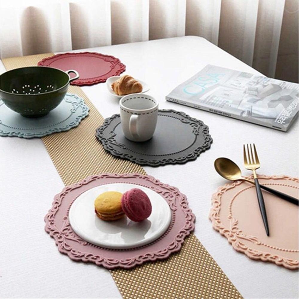 2pcs Lace Round Tableware Pad Cup Mat Silicone Coaster Placemat Non-slip