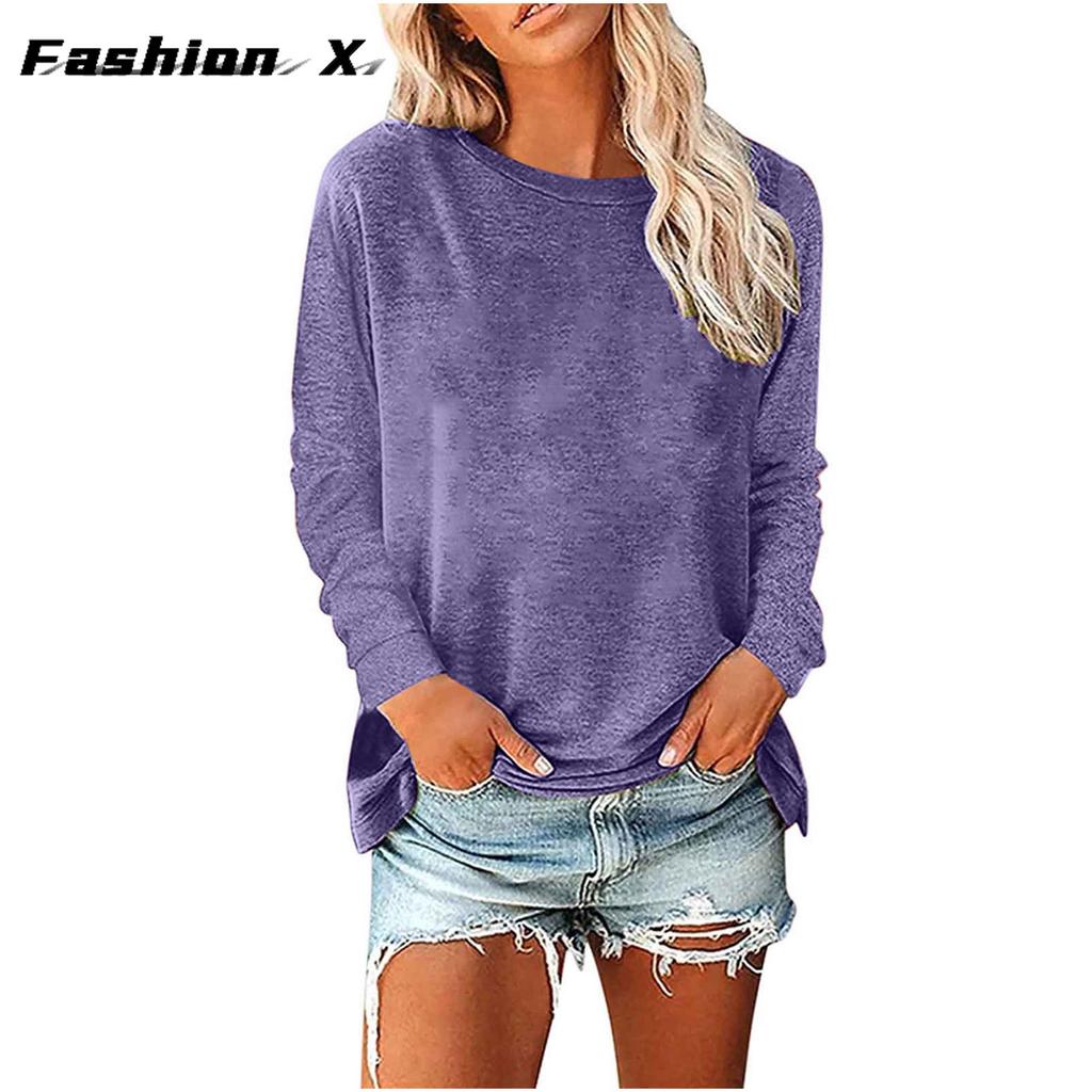 Женский свободный пуловер с круглым вырезом, однотонная женская футболка с длинными рукавами, топ