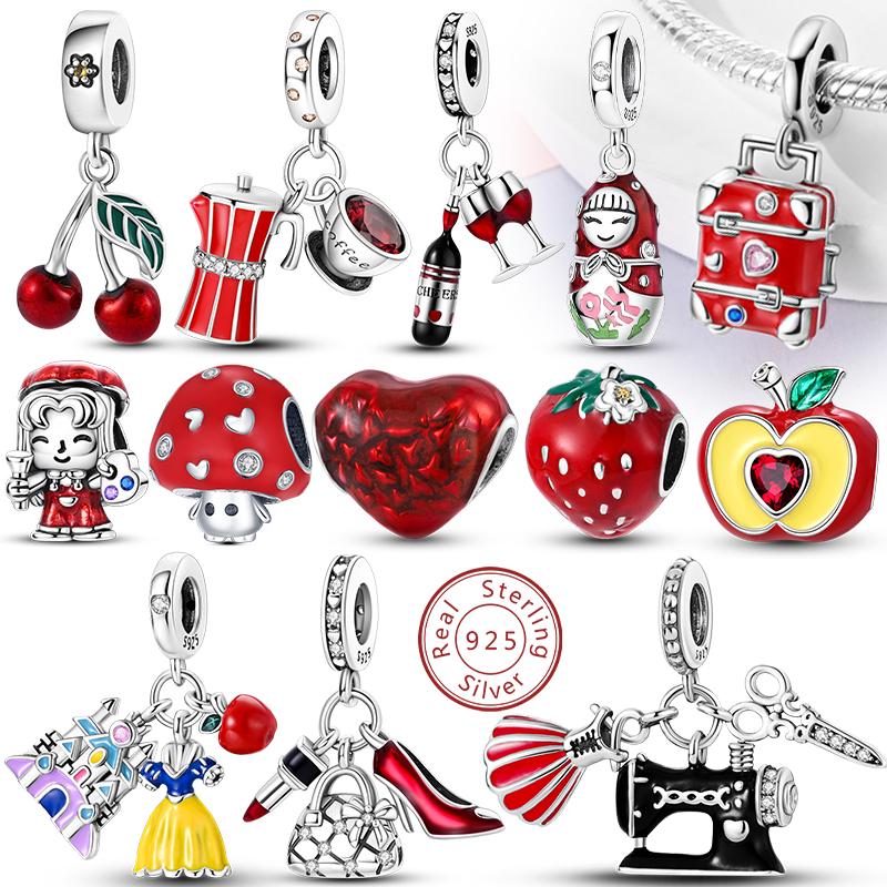 Red Series Charms Beads Pendan 925 Silver Suitcase Red Wine High Heels Cherry Charm Fit Bracelet Woman Jewelry