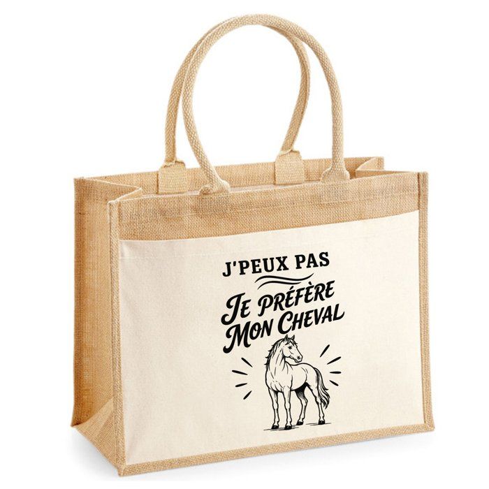 Sac Cabas - PLANETEE - J’peux pas je préfère mon Cheval - Toile jute & coton - 21 L - Anses 65 cm