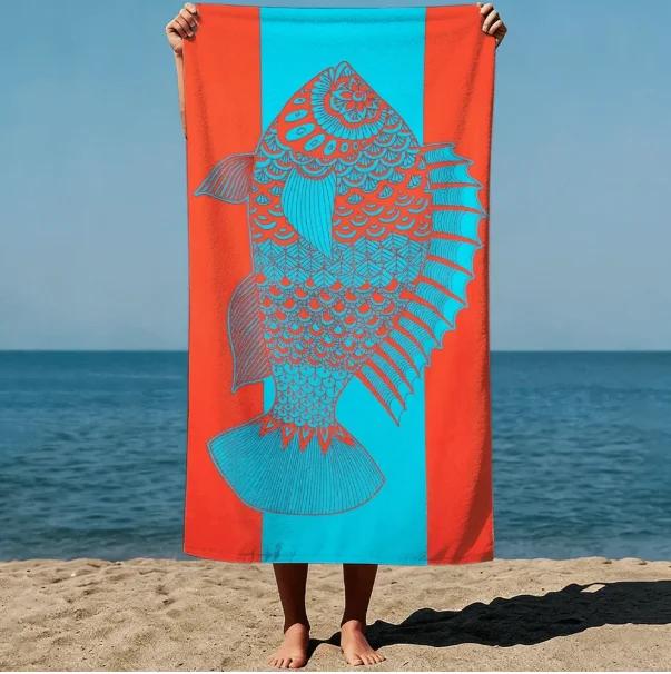 1 Piece Of Blue Design Beach Towel With Fish Pattern Pattern Is Very Beach Swimming Pool Travel Camping Yoga Sun Drying Towel