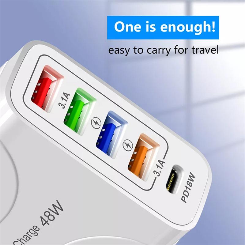 5 Ports USB Wall Charger 3A 48W Type C PD Fast Charging Travel EU US UK Plug Power Adapter For Phone IPhone 12 13 Samsung Xiaomi