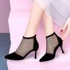 Fashion Summer Roman Lace Up Shoes Women Sandals Sexy Mesh Cut-Outs Pointed Toe High Heels Woman Black Kid Suede Ladies Long Short Boots