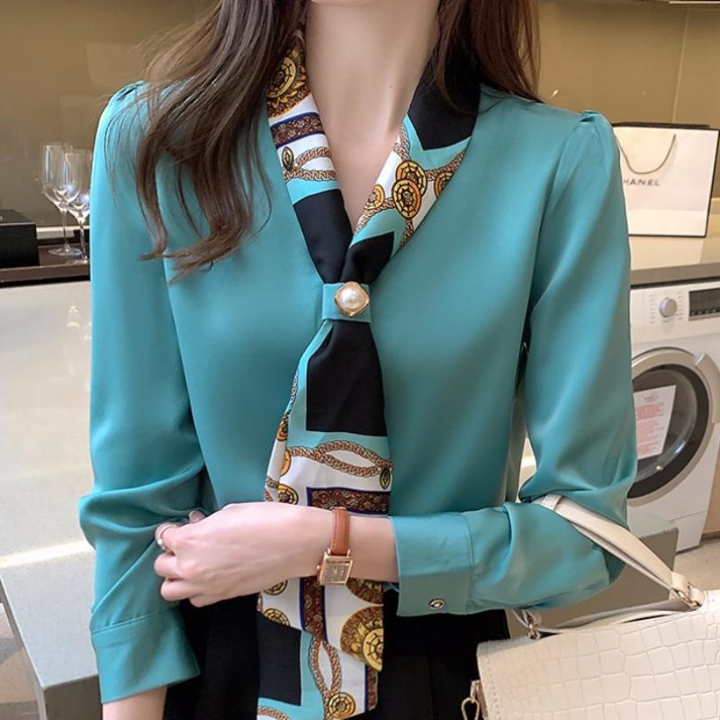 Chiffon Shirt Women's Spring Autumn Western Style Ribbon Design Niche Satin Shirt Temperament Fashionable Long Sleeved Top Blouses & Shirts